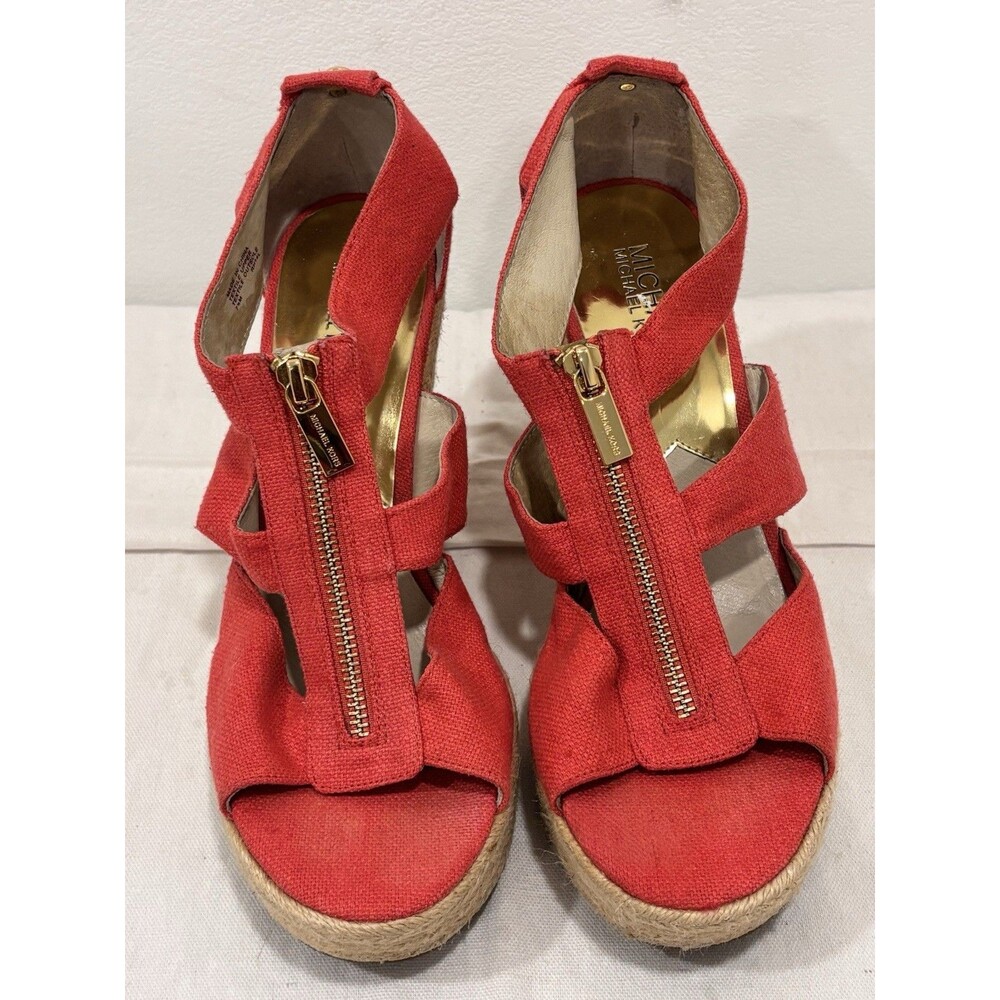 Michael Kors Red Canvas Espadrille Wedge Sandals Zipper Gold Accent Women Size 7